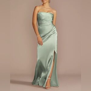 David's Bridal Strapless Charmeuse Gown in Dusty Sage